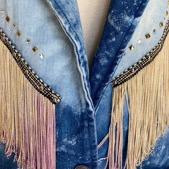Upcycled Cropped Fringed Jean jacket ~stunner!! - Picture 3 of 6